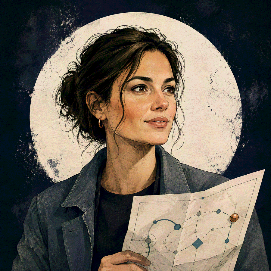 Retrato ilustrado de Alba, mirando hacia un lado con un diagrama de nodos conectados en la mano, como si viera algo que los demás aún no ven.
