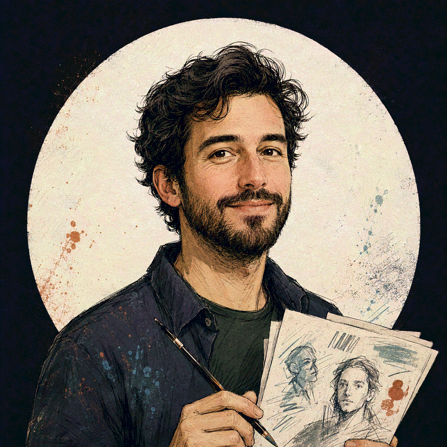 Retrato ilustrado de Bruno, con un pincel en la mano, sonriendo junto a unos bocetos de retratos a medio hacer.