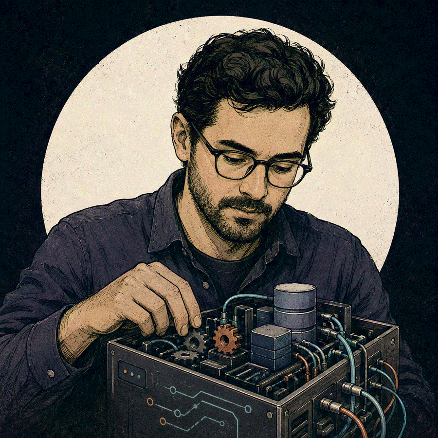 Retrato ilustrado de Diego, con gafas, inclinado sobre una máquina con engranajes y circuitos, concentrado en ajustar algo por dentro.