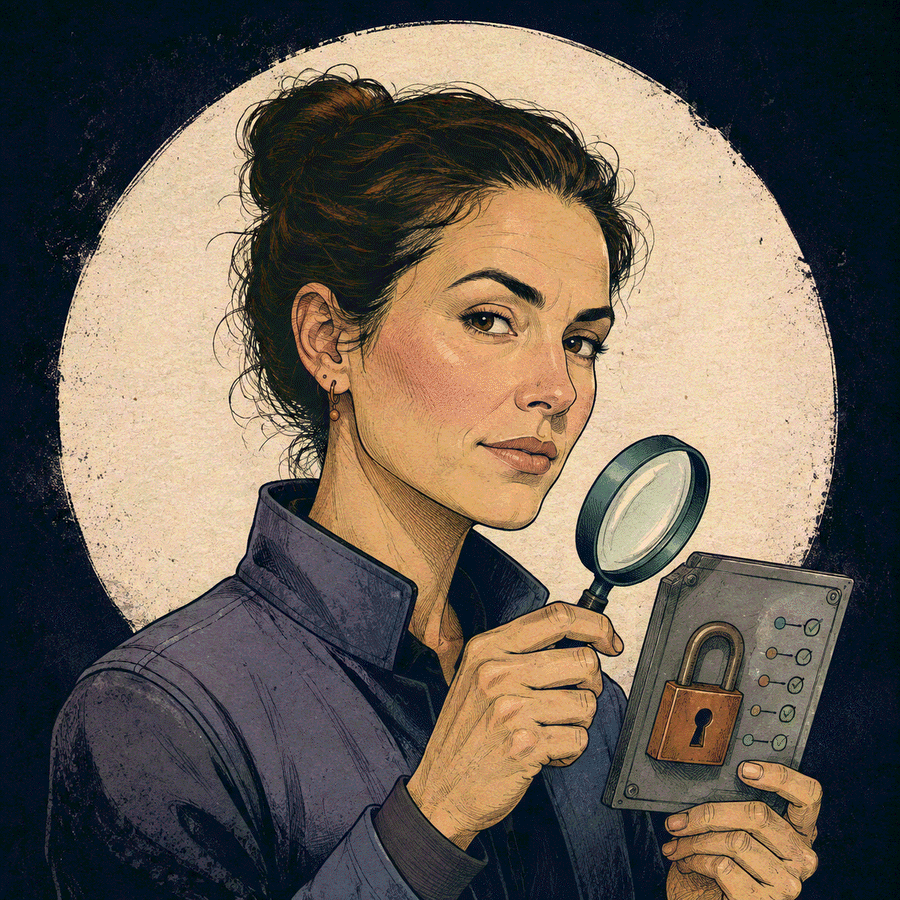 Retrato ilustrado de Elena, con una lupa o candado, revisando algo con gesto atento y desconfiado.