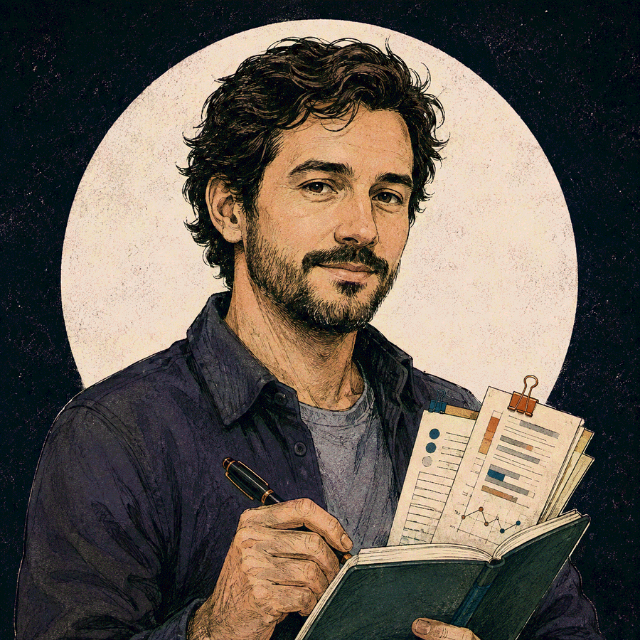 Retrato ilustrado de Iván, escribiendo en un cuaderno con gráficos y notas, con gesto observador.