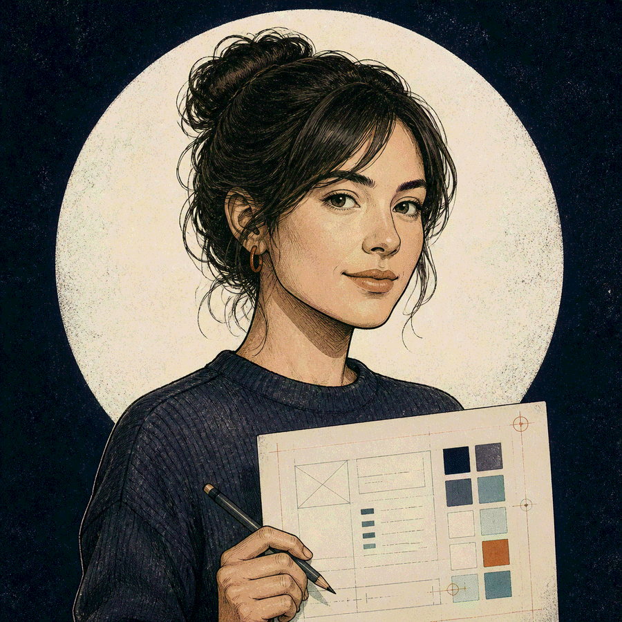 Retrato ilustrado de Lucía, sosteniendo un boceto con una cuadrícula de diseño y una paleta de colores.