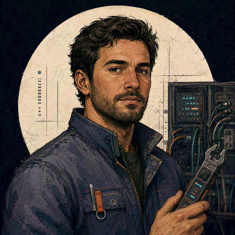 Retrato ilustrado de Marco, con una herramienta de medición en la mano, junto a un panel de servidor con cables y luces encendidas.