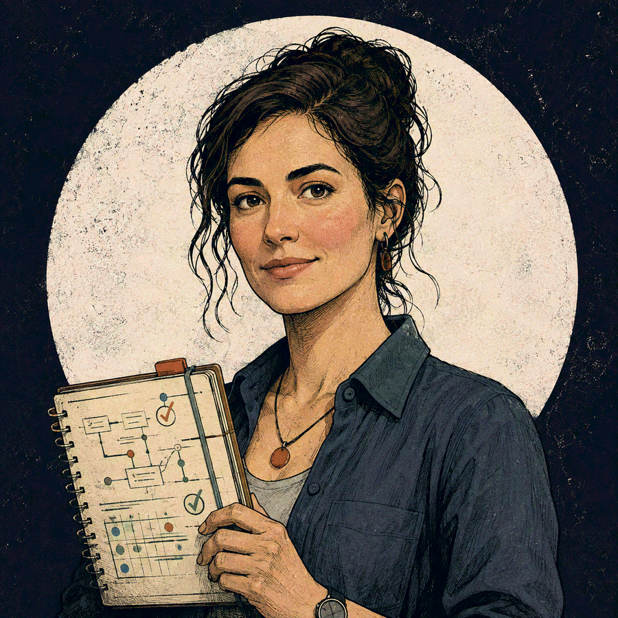 Retrato ilustrado de Nora, sosteniendo una libreta con un diagrama de flujo y tareas marcadas, en actitud de repartir el trabajo del equipo.
