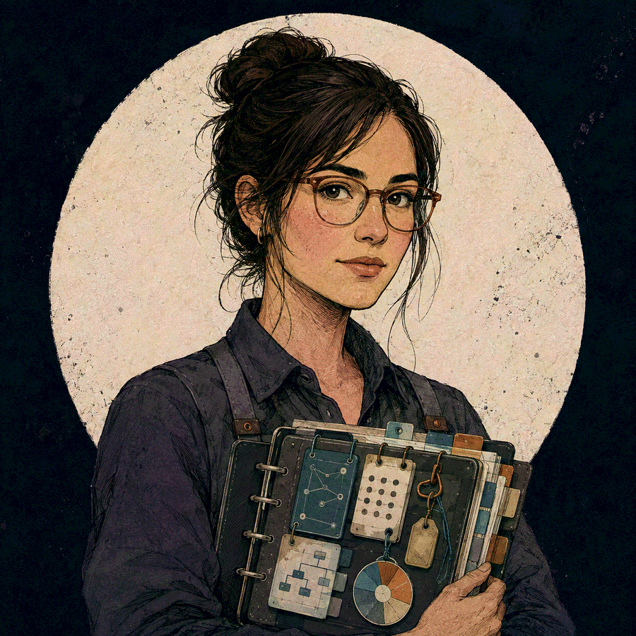 Retrato ilustrado de Sara, con gafas, sosteniendo una carpeta organizadora llena de fichas y herramientas.