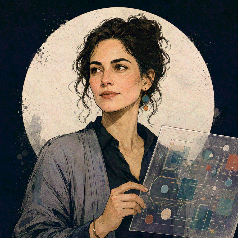 Retrato ilustrado de Vera, sosteniendo un diagrama de sistemas con nodos y bloques conectados, mostrando cómo todo encaja.